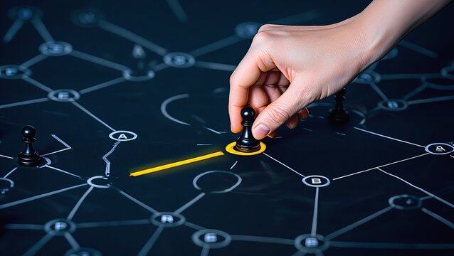 Strategic business planning concept with hand moving chess piece on network map, corporate decision making and leadership strategy, data connectivity isolated on White Background