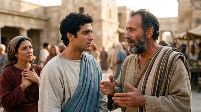 Apostle preaching to man and woman in Antioch. Biblical scene depicting Peter and Barnabas sharing the gospel with gentiles. Early christianity faith and religion in ancient city.
