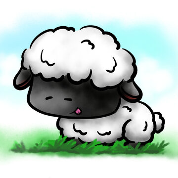 Cute Valais blacknose sheep smiling with nature background cartoon illustration