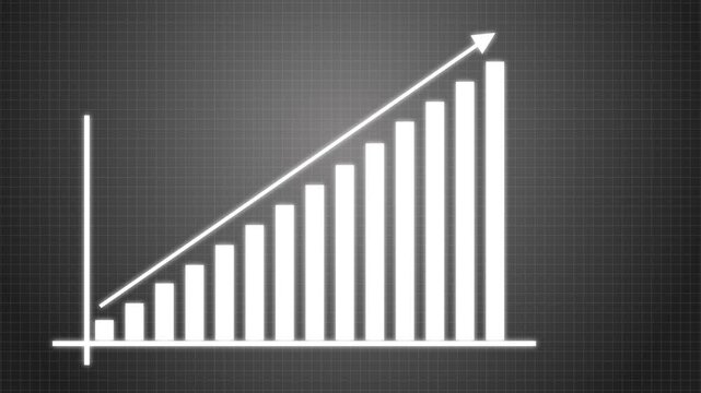 Business growth chart with rising bar graph and upward arrow on digital grid background. Financial success, profit increase, and data analytics concept. Ideal for business presentations