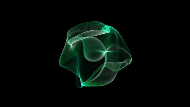 Green energy sphere form. Fluid eco plasma flow structure. Luminous organic wave motion. Soft transparent field in dark space. Smooth seamless loop futuristic environment.