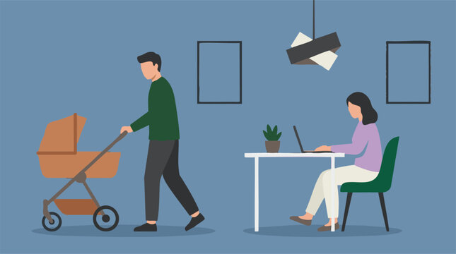 Modern family: father pushing baby stroller while mother works from home