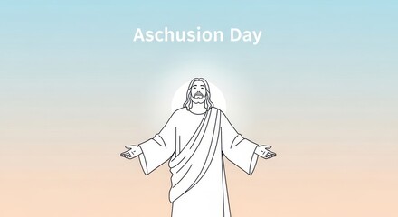 Ascension Day religious illustration, Jesus Christ with open arms on soft gradient background, spiritual Christian holiday concept