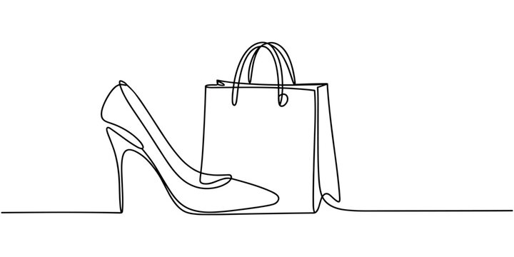 Single line of a stiletto heel shoe and shopping bag single line continuous line outline  in white background