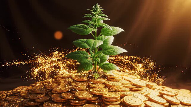 Small plant growing from stack of coins symbolizing financial growth