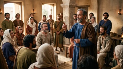 Obraz premium Apostle preaching gospel to gentile audience in Antioch as described in Acts 11. Man teaching group of people about faith and Christianity in ancient biblical house gathering.