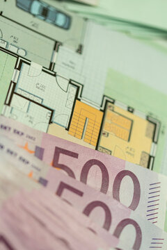 Financial investment and planning for construction project with euro banknotes