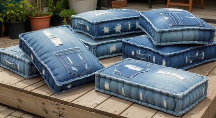 Obraz premium Distressed Denim Floor Cushions With Pockets For Casual Seating And Home Decor