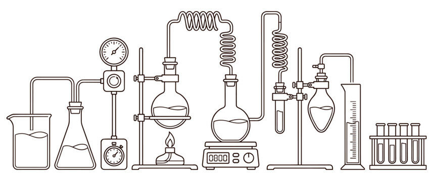 Chemical laboratory distillation process line art equipment diagram.