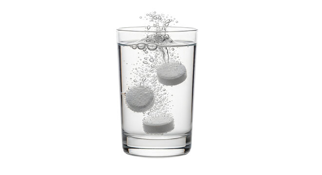 Effervescent tablets dissolving in glass of water, fizzy soluble aspirin pills with bubbles, medical supplement for healthcare and wellness isolated PNG with Transparent Background