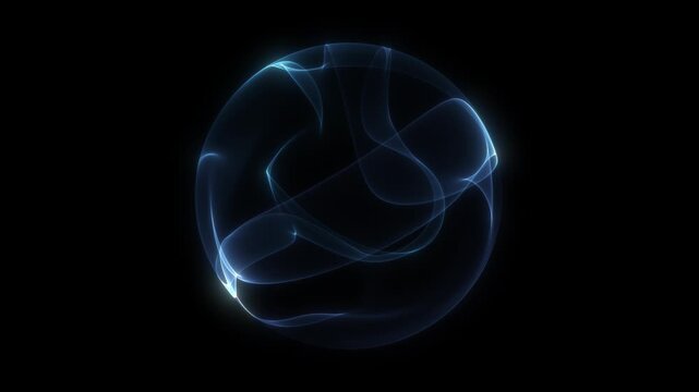Blue neon sphere orb structure. Flowing waveform motion inside round shape. Luminous energy field in dark space. Smooth abstract digital form with dynamic oscillation and elegant futuristic depth
