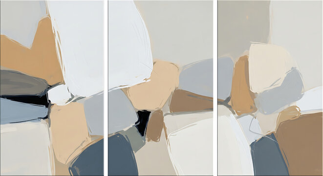 Abstract art triptych with neutral beige and gray shapes and colors