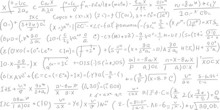 A vintage grunge pattern of old handwritten letters and mathematical formulas on textured white paper creates a science and education background illustration