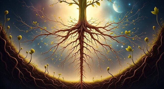A tree with glowing roots and branches stands in a mystical landscape under a starry night sky with a crescent moon.