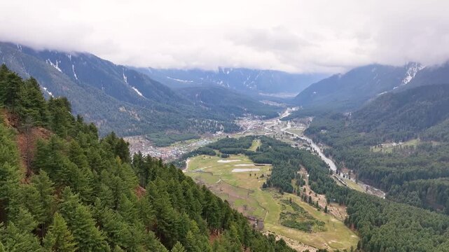 High-altitude forward drone flight over Pahalgam valley and Lidder river.
