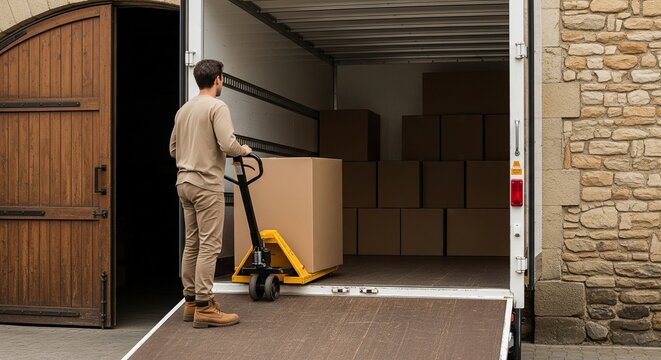 Man with pallet jack loading large cardboard box into open truck cargo area with stacked boxes