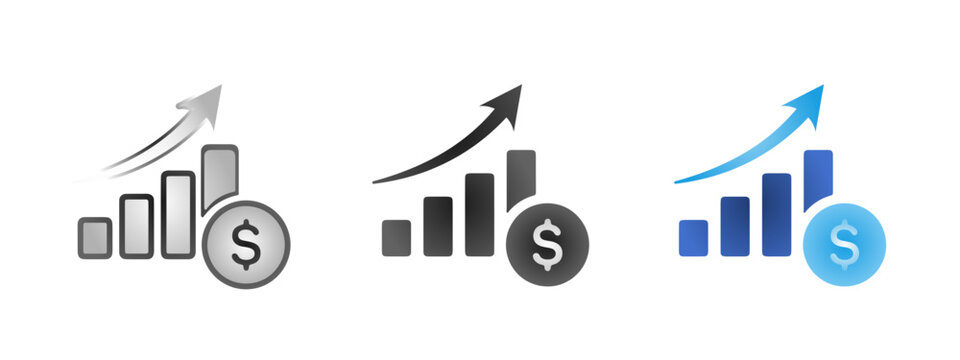 Financial Performance Icon. Financial growth icon with rising bar chart, upward arrow and dollar coin. Concept of profit increase, revenue growth, income, investment success and financial performance.