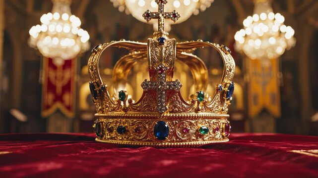 Golden crown with jewels on red cloth perfect for UI/UX design and motion graphics