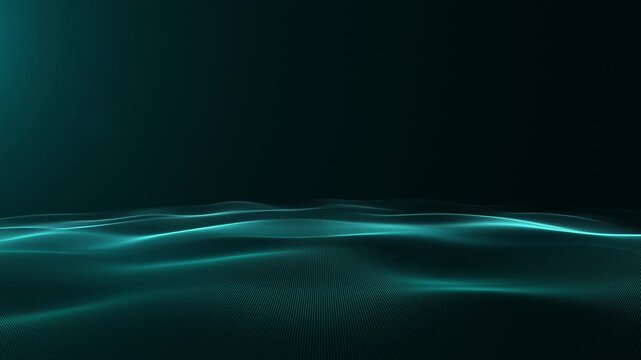 Teal wave space waves forming luminous waveform ripple oscillation across flowing digital terrain field horizon expanse with smooth motion energy spectrum signal pattern in deep void seamless loop