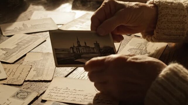 Elderly Hands Holding Old Sepia Photograph, Sorting Through Vintage Postcards and Letters
