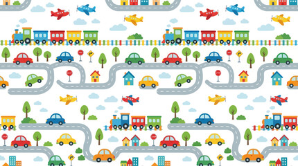 Naklejka premium Kids' Transportation Map Flat Cartoon Vector Illustration with Cars, Trains, Roads, Airplanes