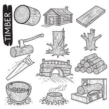 Timber and wood industry illustrations showing lumberjack tools log cabins and carpentry supplies.