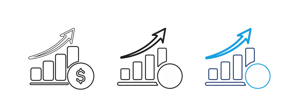 Financial Performance Icon. Financial growth icon with rising bar chart, upward arrow and dollar coin. Concept of profit increase, revenue growth, income, investment success and financial performance.