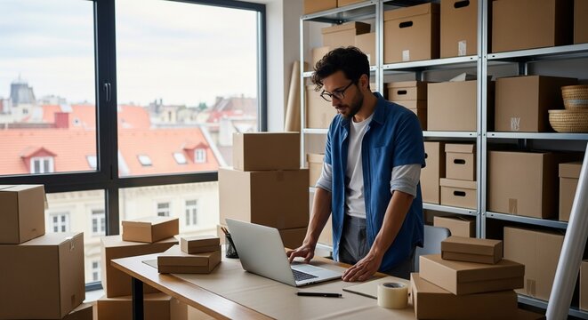 Man working on laptop surrounded by cardboard boxes in a warehouse or storeroom, small business