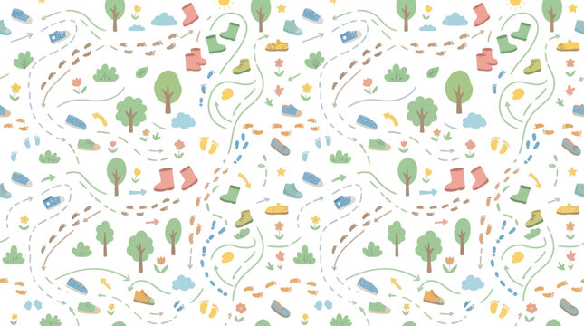 Cute Seamless Pattern with Boots, Trees, and Footprints for Children