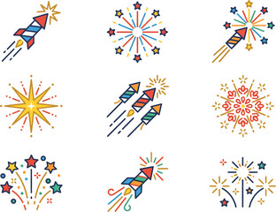 Fototapeta premium Holiday Festive Fireworks Icon Set EPS