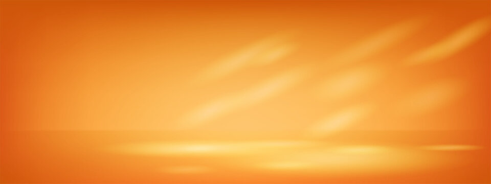 Golden limbo background with orange yellow abstract color gradient and window light on floor. Bright studio design bg with luxury reflection texture on countertop with spotlight perspective vector