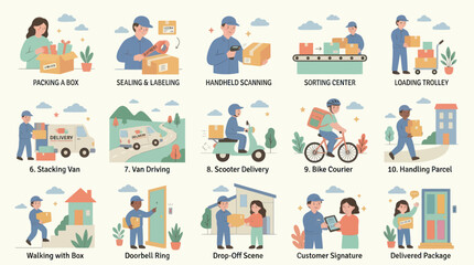 Naklejka premium Flat Vector Delivery Logistics Process: E-commerce Shipping, Parcel Mail Service Steps