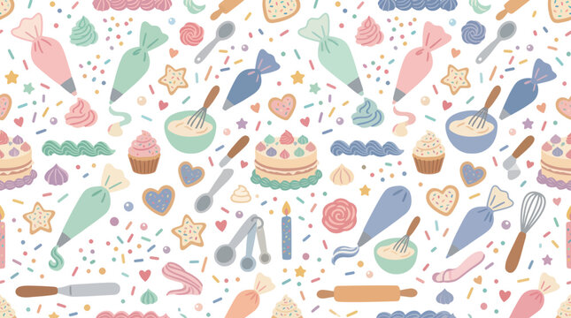 Seamless Pattern with Baking Tools, Cakes, and Pastries in a Cute Flat Style