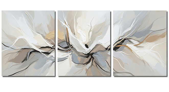 Triptych abstract art piece with neutral beige and gray swirling brushstrokes
