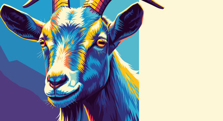 A vibrant, close-up portrait of a goat's head with striking blue, yellow, and purple colors. © Tara
