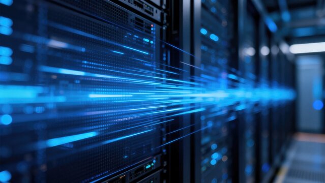 High speed data transfer across server racks in modern data center with glowing blue digital streams, idea for cloud computing bandwidth performance and IT infrastructure technology