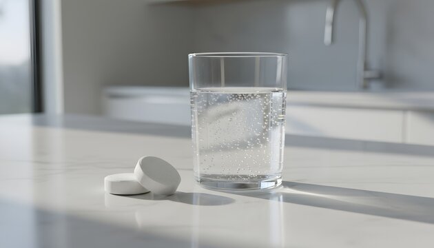 White antacid tablets near water glass on a modern kitchen counter for heartburn relief concept, digestive health treatment and medical pharmaceutical wellness