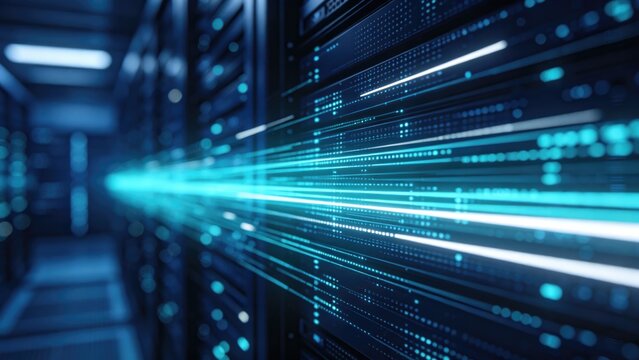Ultra fast data stream flowing through server racks in modern data center with glowing blue lines, idea for cloud computing bandwidth performance and IT infrastructure technology