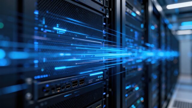 High speed data transfer through enterprise server racks in modern data center with glowing blue network lines, idea for cloud computing bandwidth performance and IT infrastructure technology