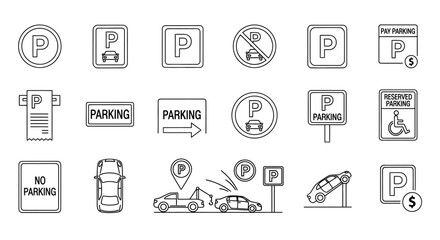 Fototapeta premium Parking icons, parking signs, traffic symbols, vector set of 20