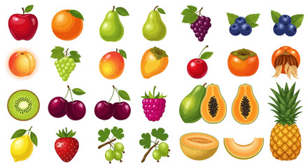 Obraz premium Fresh Fruit Icons, Colorful Fruit Illustrations, 25 Vector Fruit Symbols, Food Icons Set