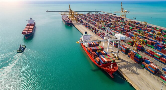 Massive Cargo Ship Loading and Unloading Containers at a Bustling Port Terminal with Cranes