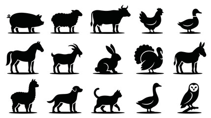 Fototapeta premium Agriculture and Domestic Animals Vector Silhouette Icons. Farm Animals and Pets Glyph Set