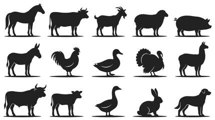 Obraz premium Farm Animals Silhouettes Set. Domestic Livestock and Pets Black Glyphs Collection