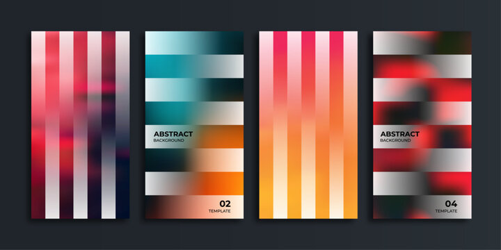 Four abstract vertical panels with gradient stripes and text elements