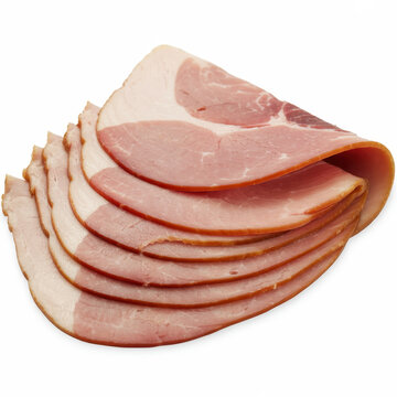 Stack of thin slices of smoked ham arranged on a white background, isolated food product