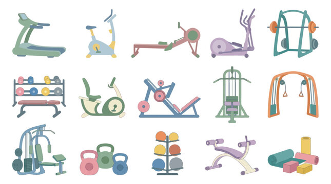Flat Design Vector Illustration of Gym Equipment for Fitness Workouts