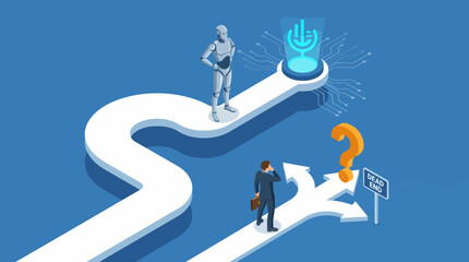 A robot stands at a decision-making fork in the road, highlighting the intersection of technology and human choice, especially in voice recognition systems and AI. © xie