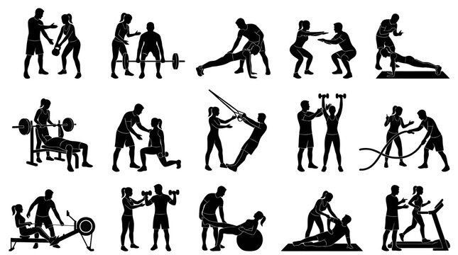 Black and White Vector Silhouette Icons of Personal Trainer Gym Workout and Fitness Exercises