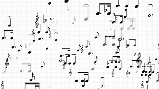 Black and white music notation background with musical notes gently moving across the frame. Full HD and looping animation.
